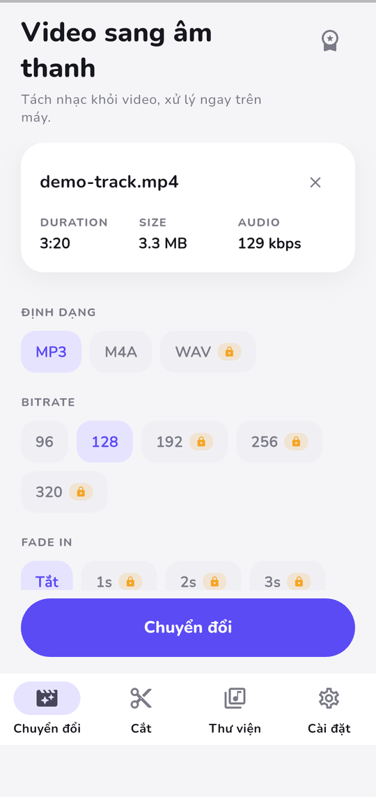 Màn hình chuyển đổi với tuỳ chọn định dạng và bitrate