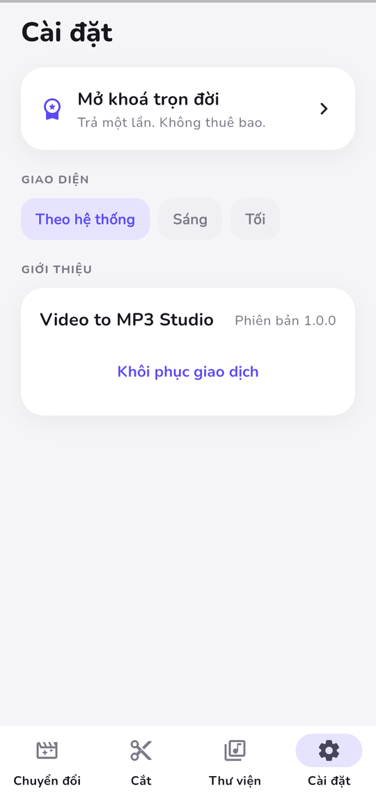 Màn hình cài đặt với giao diện sáng tối và khôi phục giao dịch